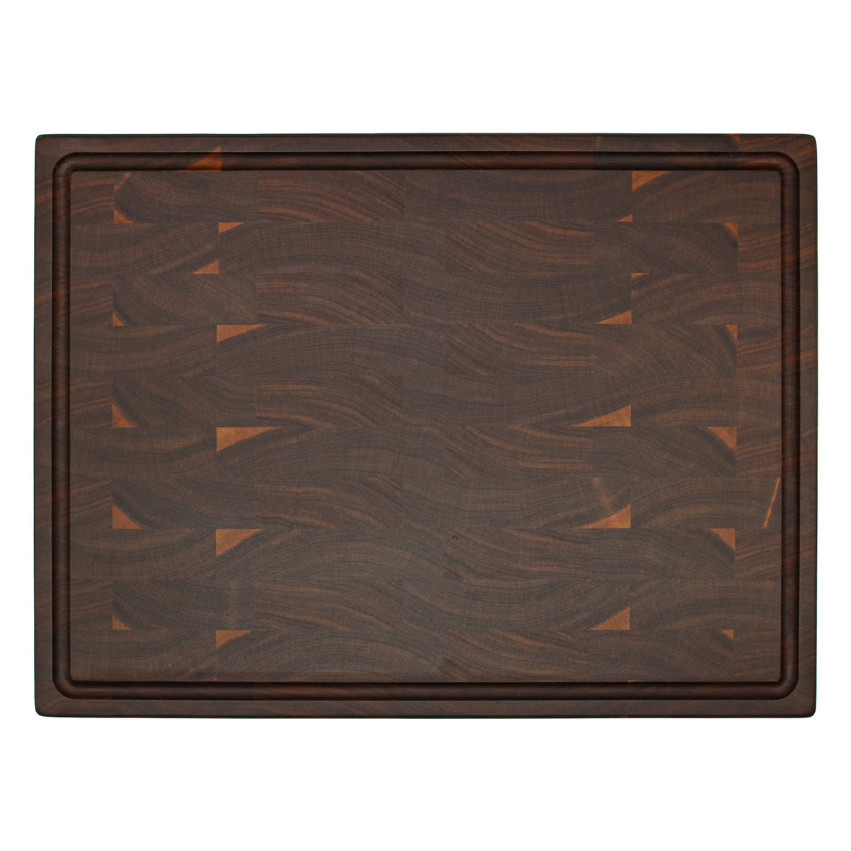 End grain walnut cutting board with a juice groove, 20 x 15 in, straight overhead view on white