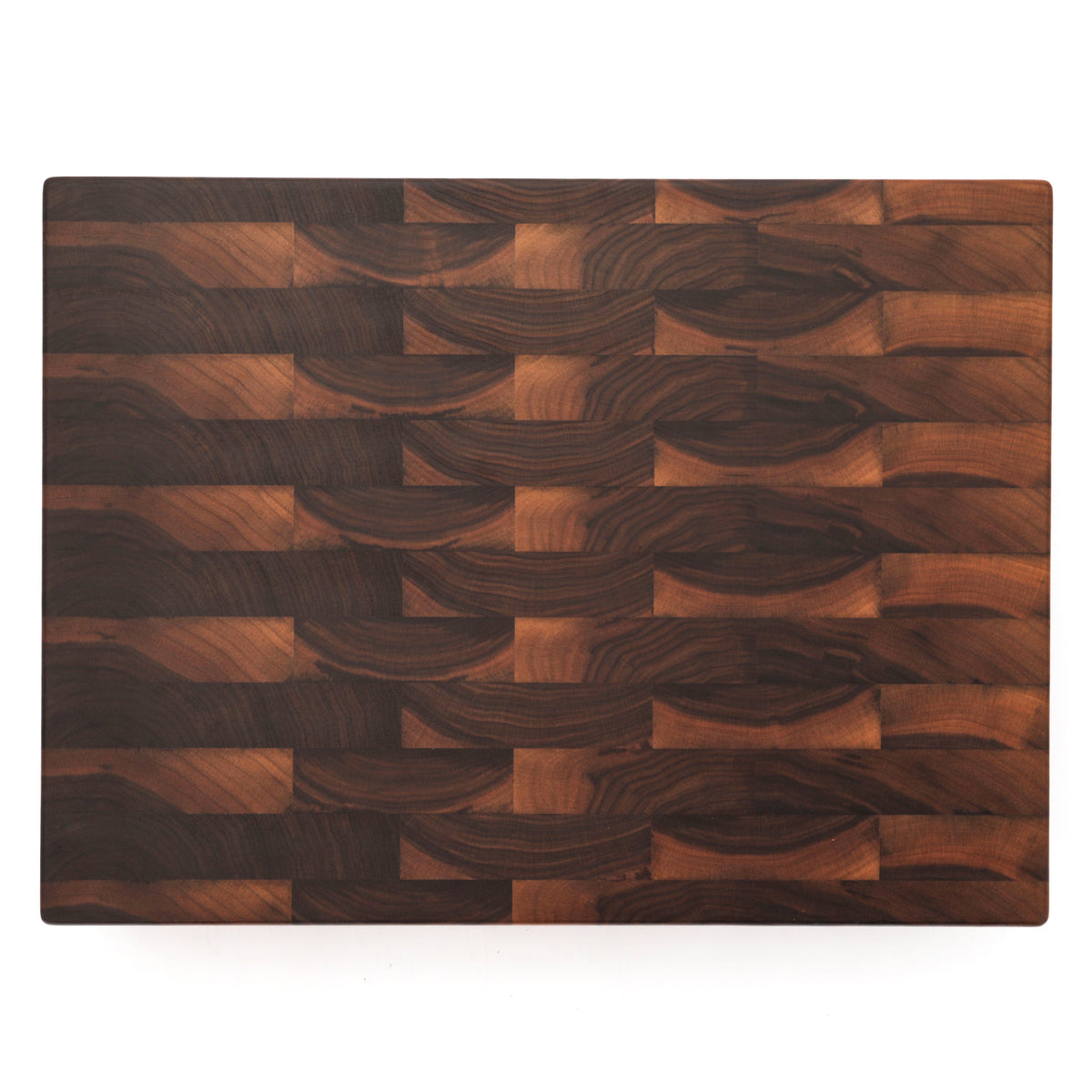 End grain walnut butcher block, 24 x 18 in, overhead view of the plain face with a brick pattern