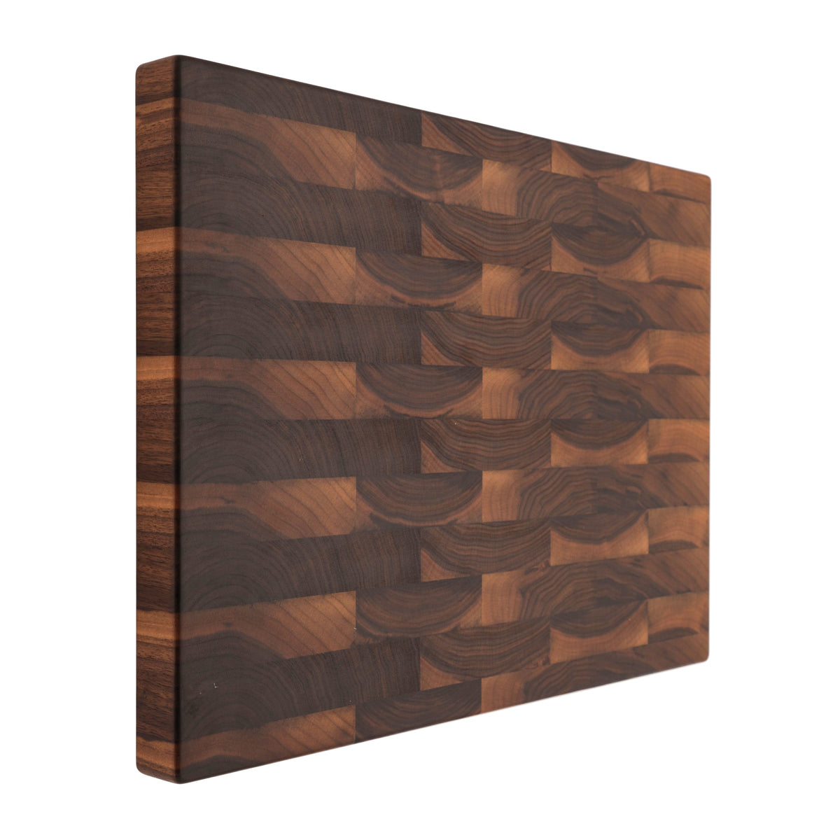 End grain walnut butcher block, 24 x 18 in, propped upright to show the plain face and thick edge