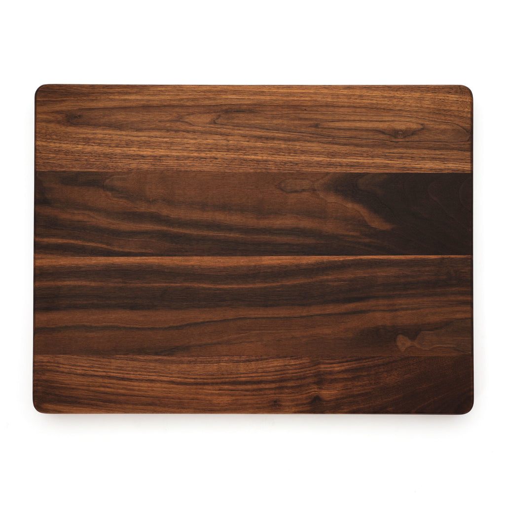 Extra large thick walnut cutting board, 24 x 18 in, overhead view of the top with a top juice groove