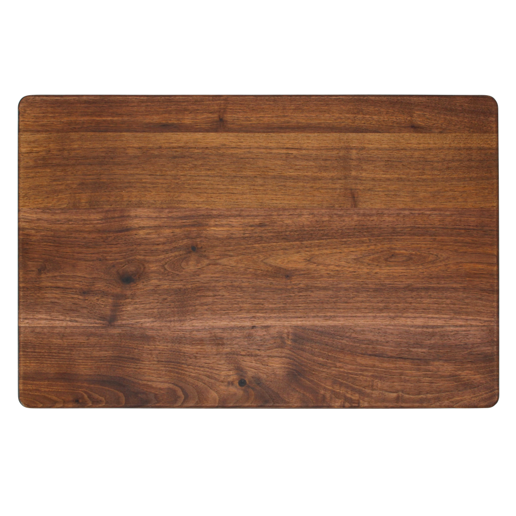 Walnut cutting board, 18 x 12 in, overhead view of the plain back face with soft rounded corners on white