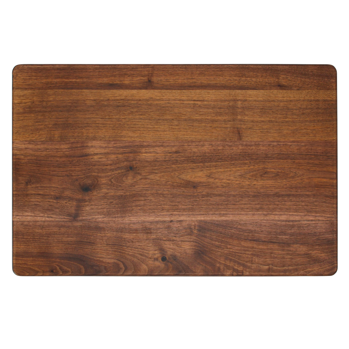 Walnut cutting board, 18 x 12 in, overhead view of the plain back face with soft rounded corners on white