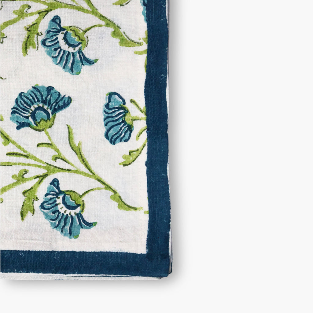 Bella Hand-Printed Table Runner, Olive and Blue, detail view