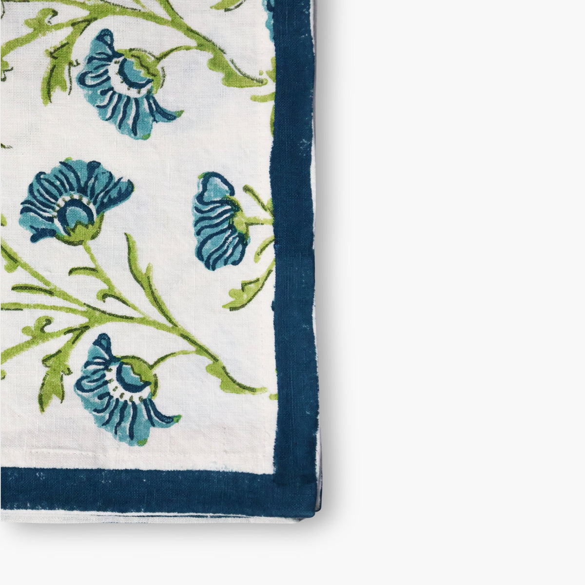 Bella Hand-Printed Table Runner, Olive and Blue, detail view