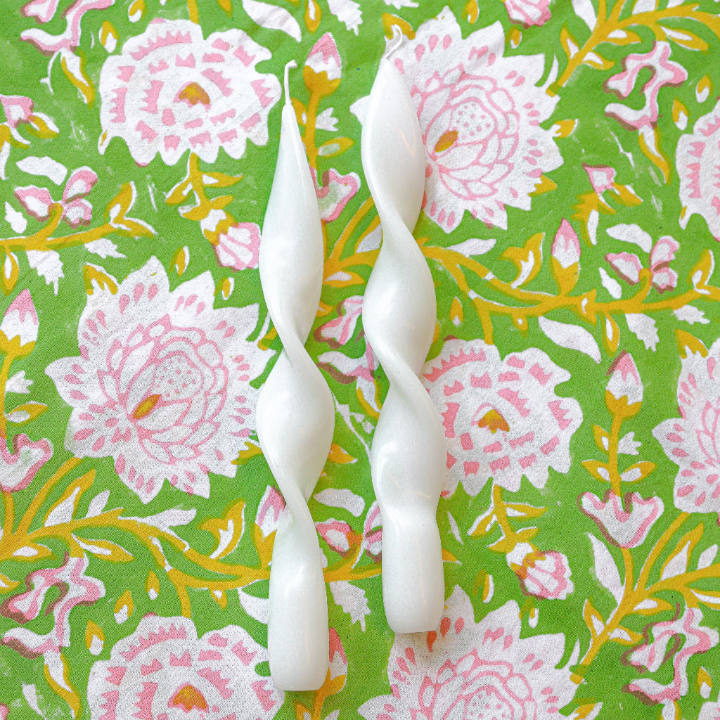 White Cotton Swirl Taper Candles, Pair, detail view