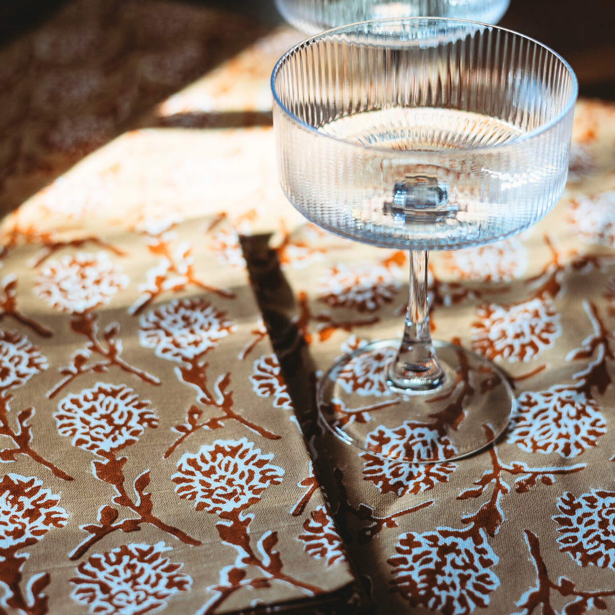 Nikhar Hand-Printed Linen Runner, Chai Brown, detail view
