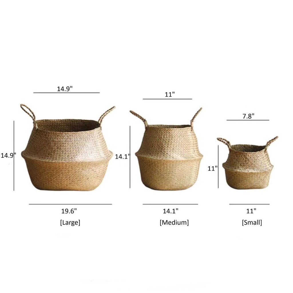 Size chart for the woven seagrass belly basket in large, medium and small with width and height