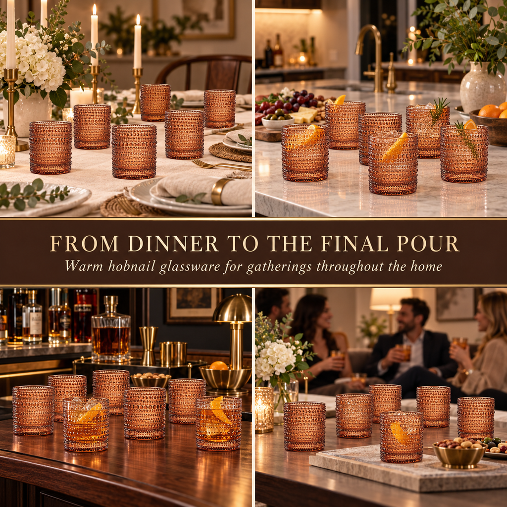 Muted Hobnail Lowball Glassware styled on a wood table with linen in a modern Southwest room
