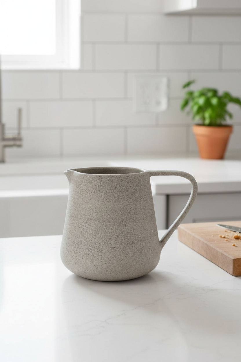 Concrete-Toned Stoneware Pitcher shown beside companion pieces from the same maker's line
