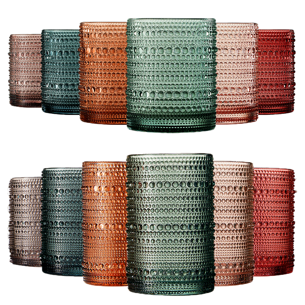 Muted Hobnail Highball and Lowball Glassware photographed on a bone white surface in soft natural light