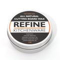 Round metal tin of all-natural cutting board wax with beeswax and coconut oil, 4 oz, lid shown from above