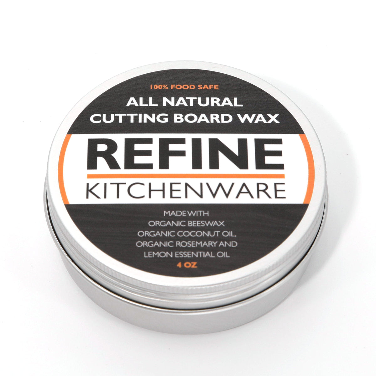 Round metal tin of all-natural cutting board wax with beeswax and coconut oil, 4 oz, lid shown from above