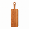 Narrow cherry paddle serving board with a handle and hanging hole, 18 in, overhead view on white