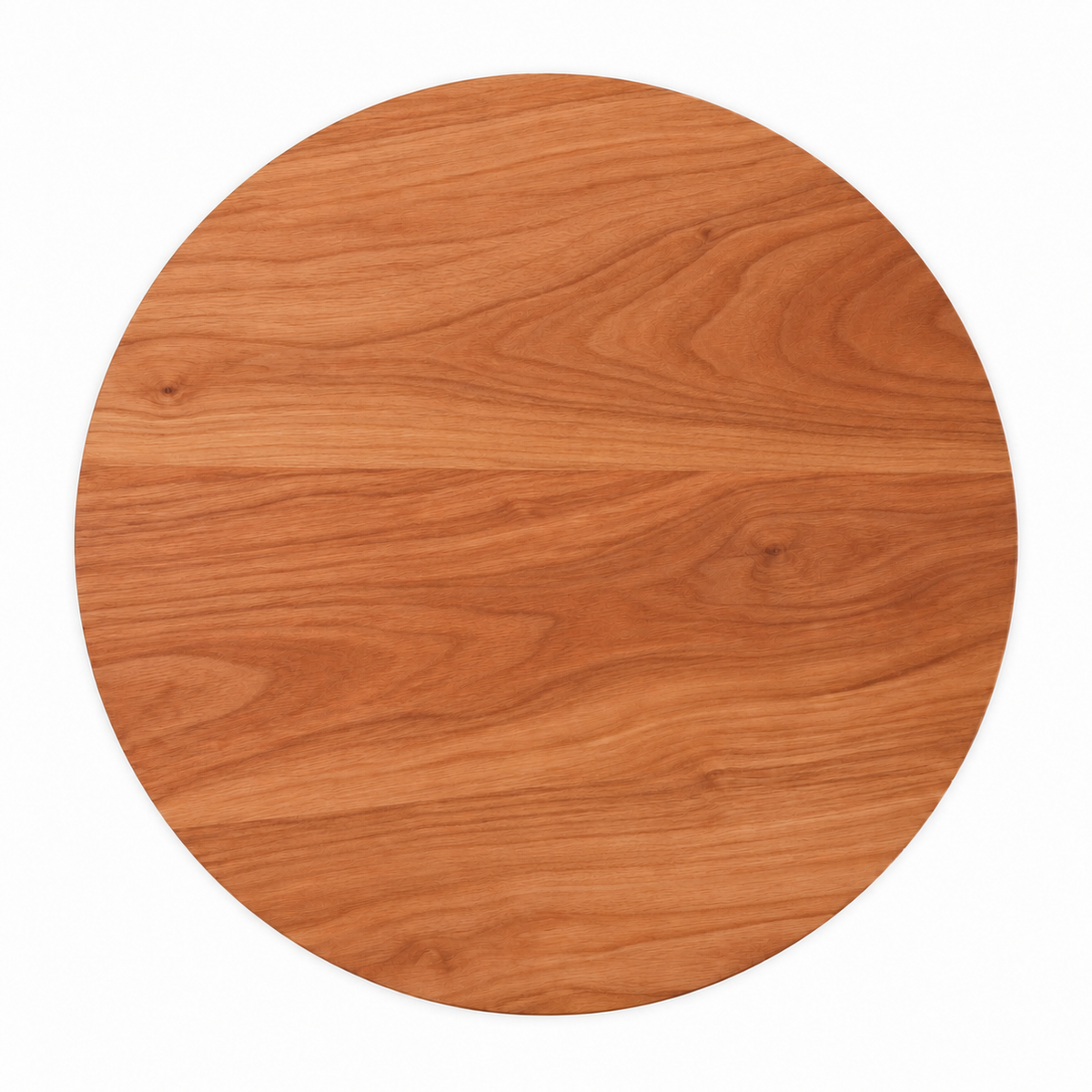 Thick round cherry cutting board, 15 in, plain top with no groove, overhead view on white