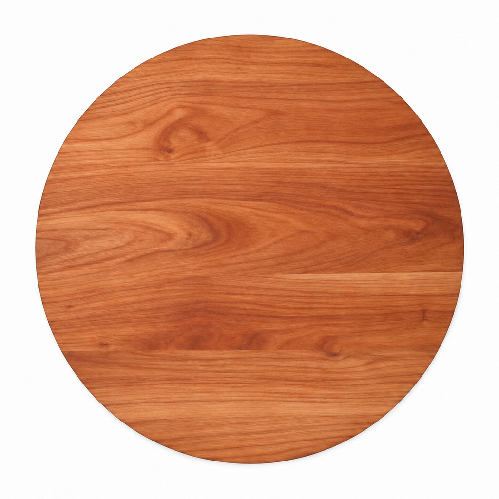 Thick round cherry cutting board, 18 in, plain top with no groove, overhead view on white