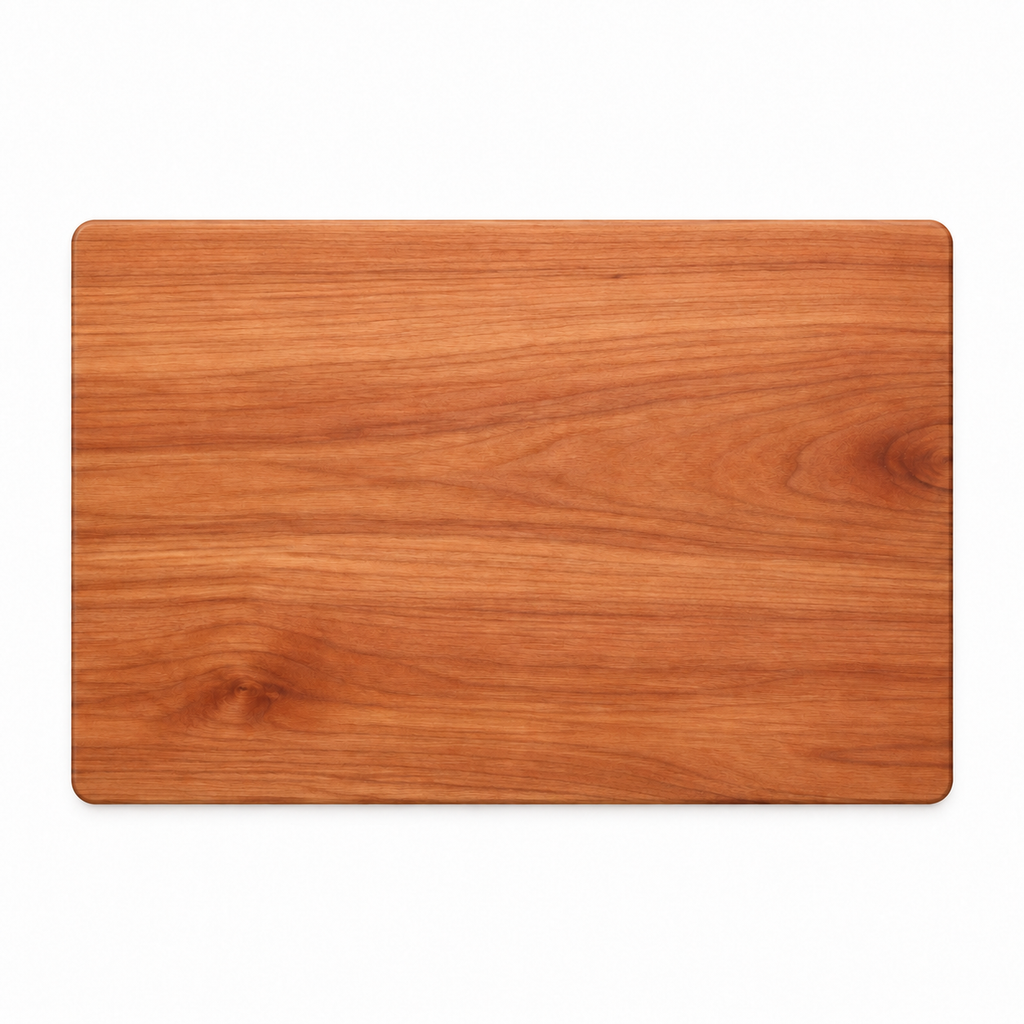 Thick flat grain cutting board in cherry, 18 x 12 in, plain top with no groove, overhead view on white
