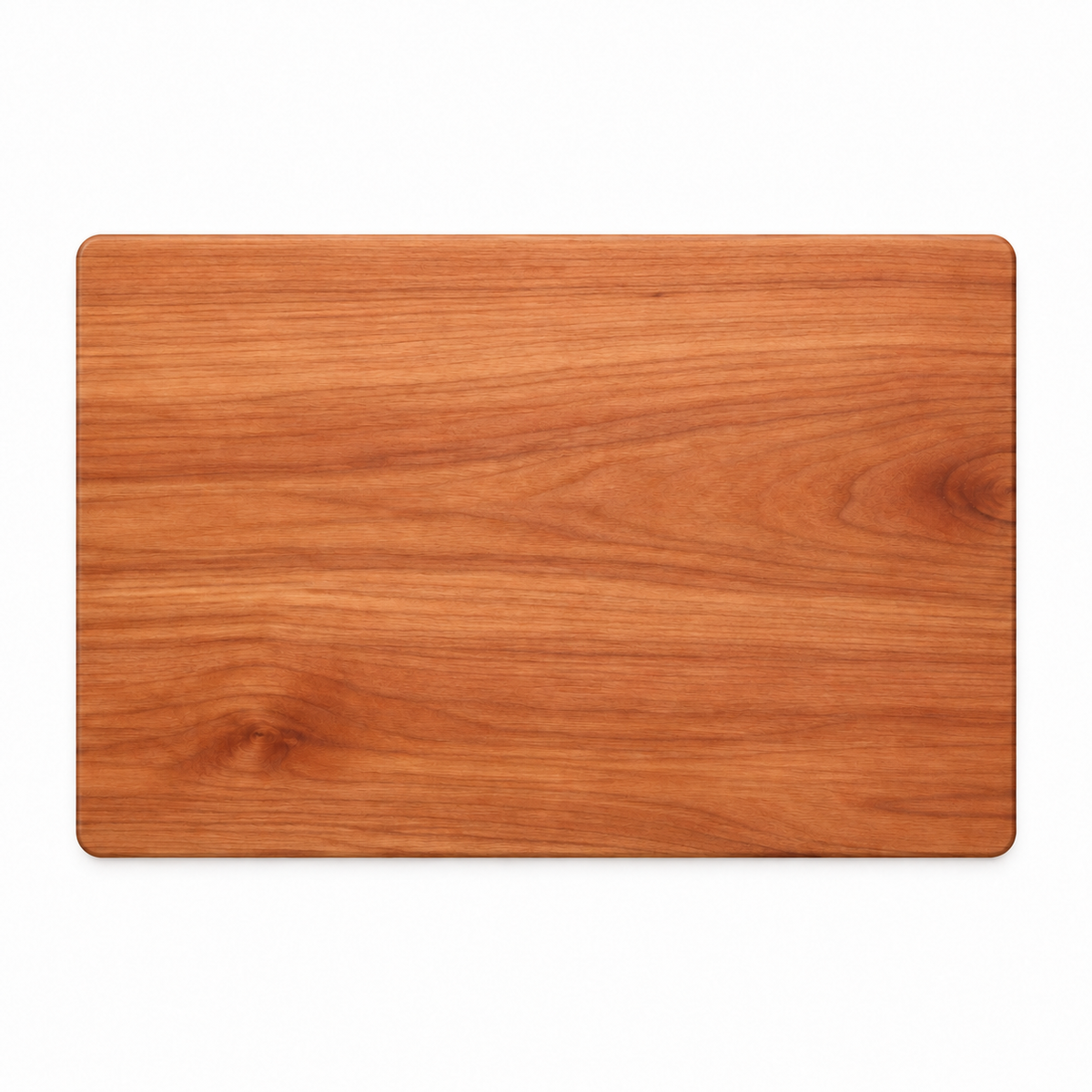 Thick flat grain cutting board in cherry, 18 x 12 in, plain top with no groove, overhead view on white