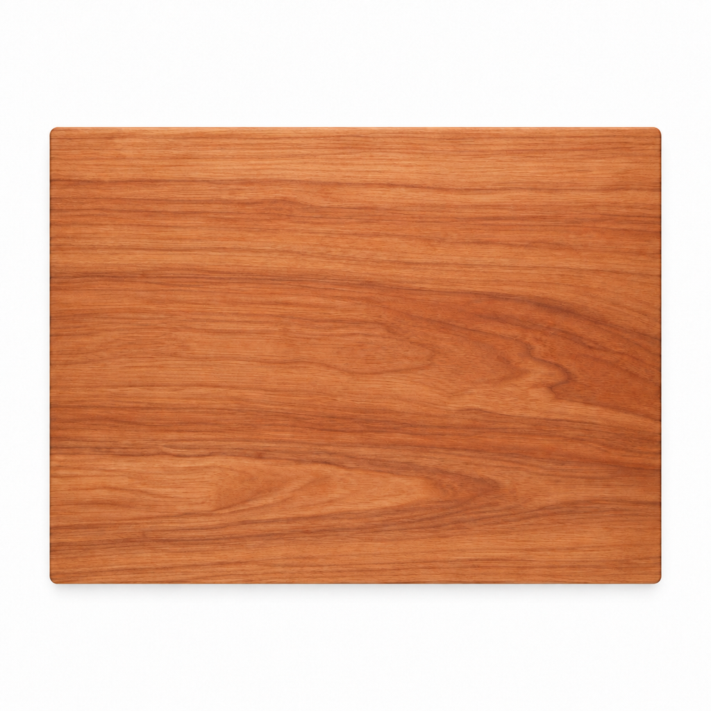 Thick flat grain cutting board in cherry, 20 x 15 in, plain top, overhead view on white