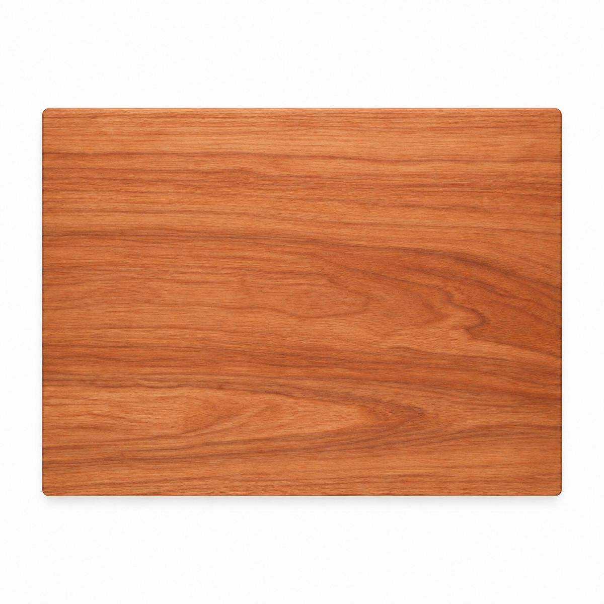 Thick flat grain cutting board in cherry, 20 x 15 in, plain top, overhead view on white