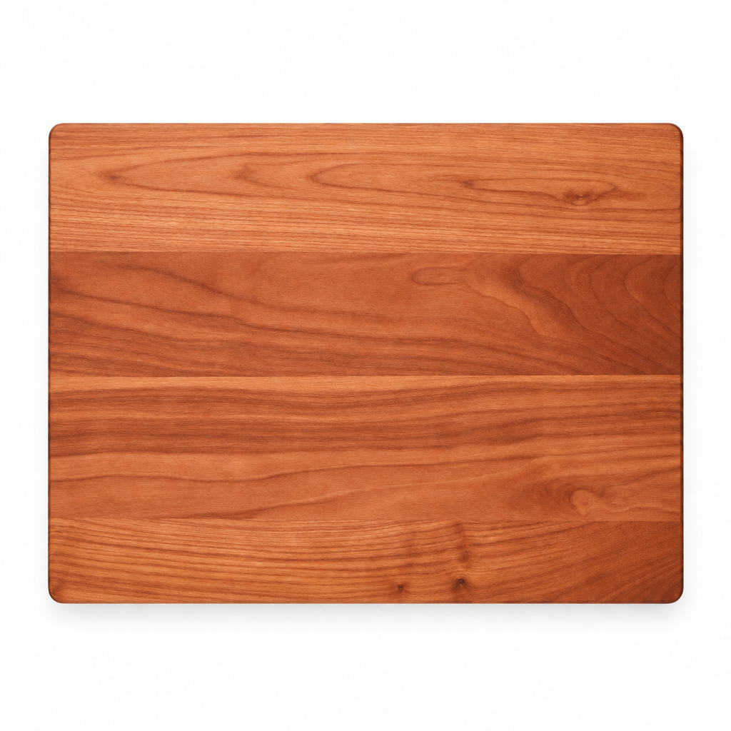Thick flat grain cutting board in cherry, 24 x 18 in, plain top, overhead view on white