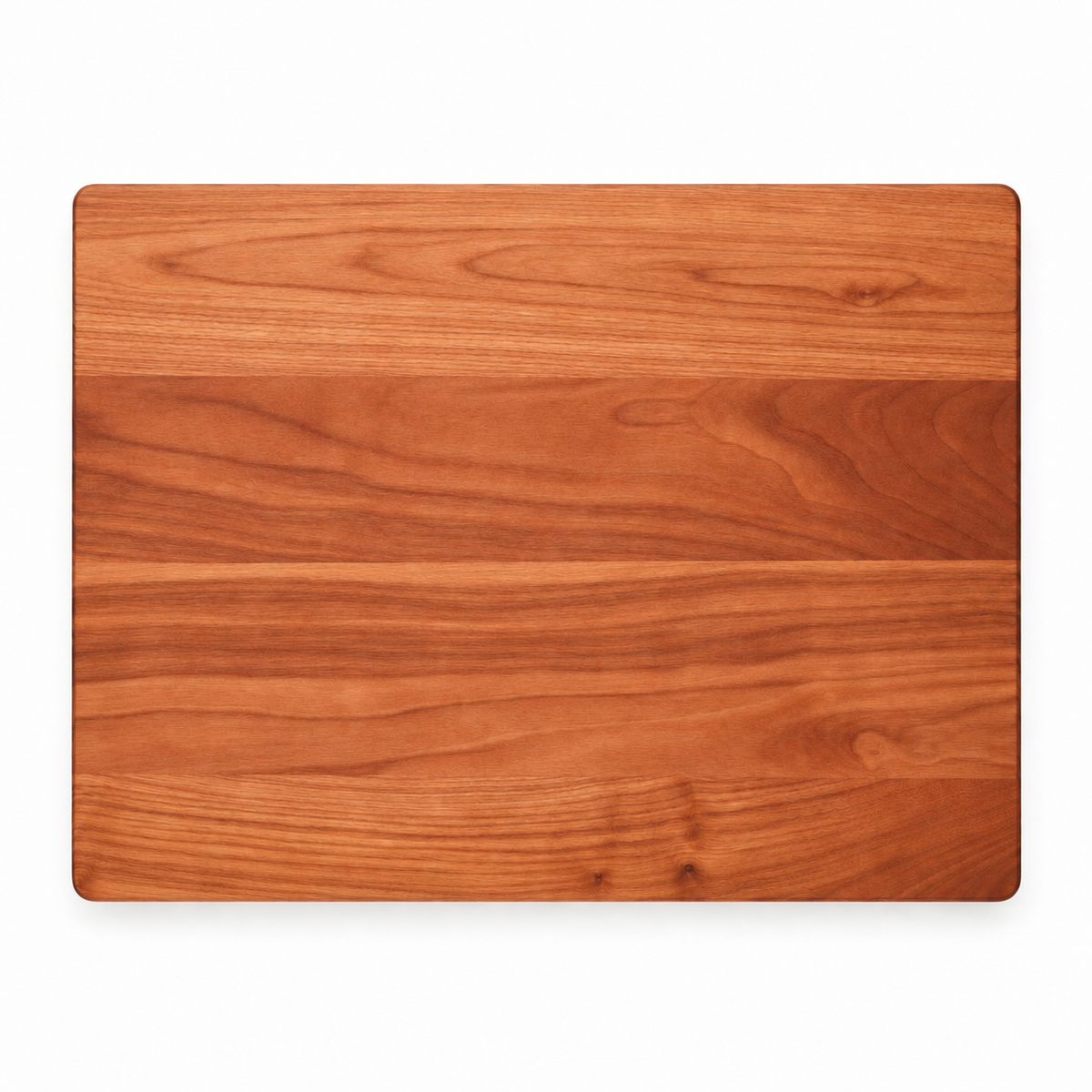 Thick flat grain cutting board in cherry, 24 x 18 in, plain top, overhead view on white
