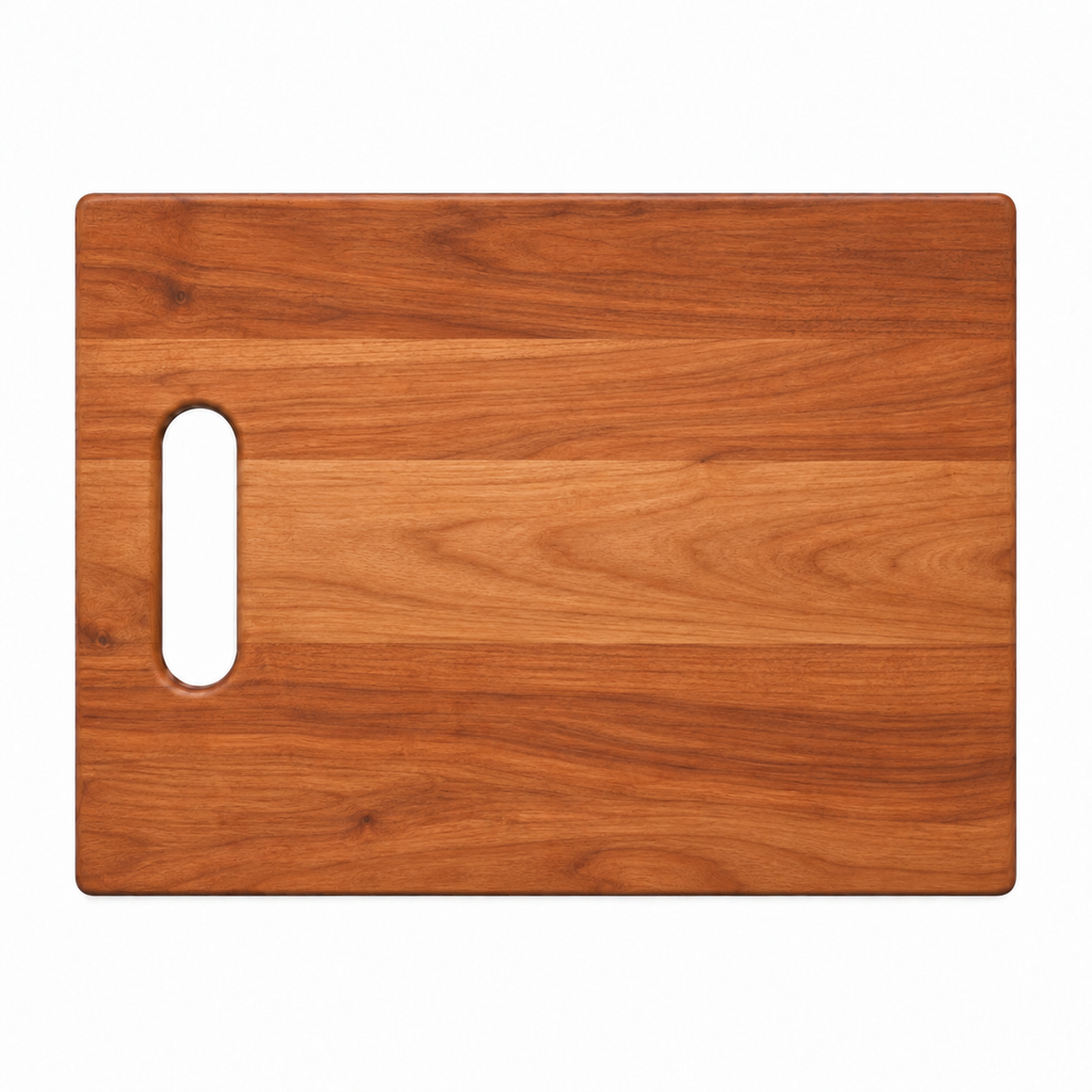 Single handle cutting board in cherry, 12 x 9 in, with a cut-in handle on the left, overhead view on white