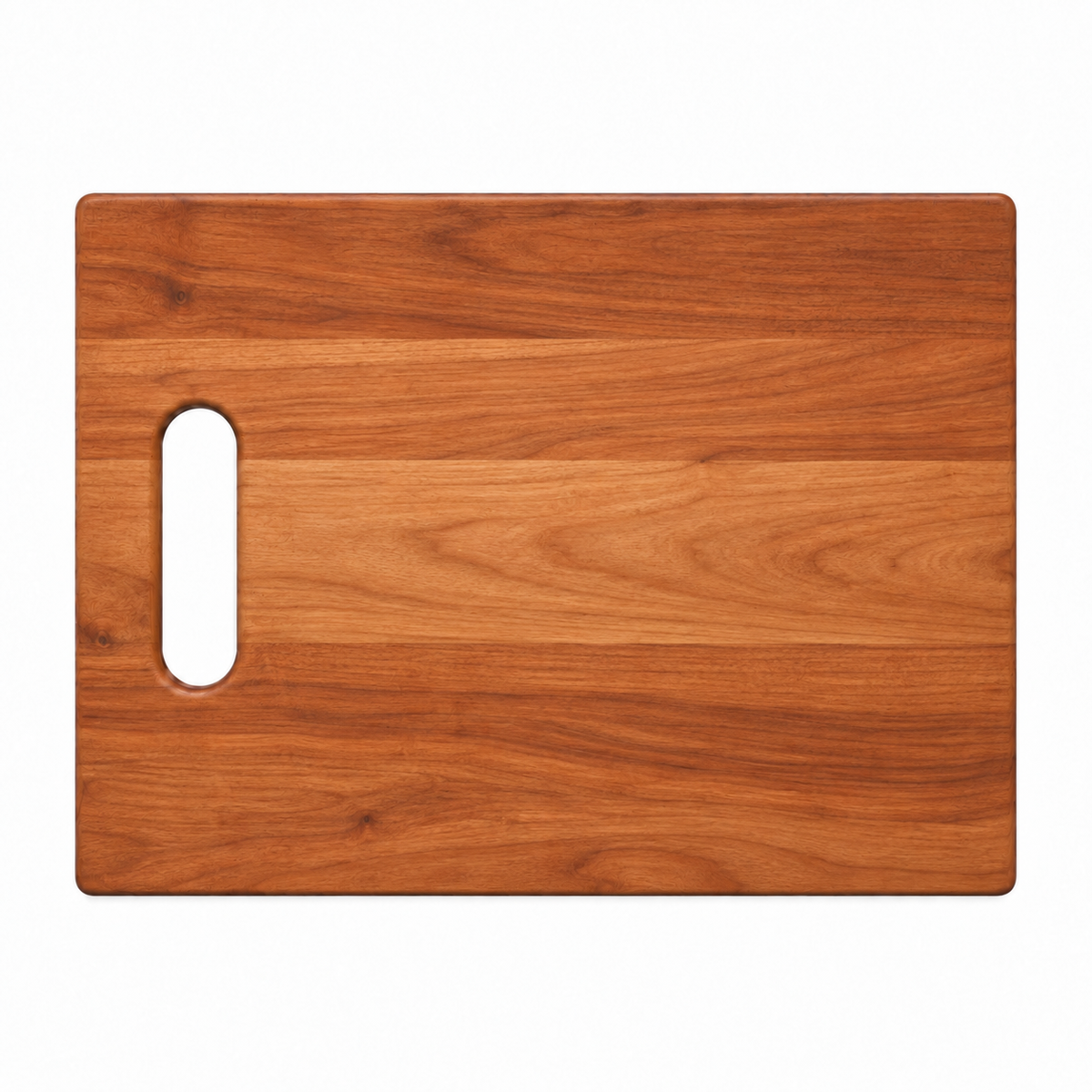 Single handle cutting board in cherry, 12 x 9 in, with a cut-in handle on the left, overhead view on white