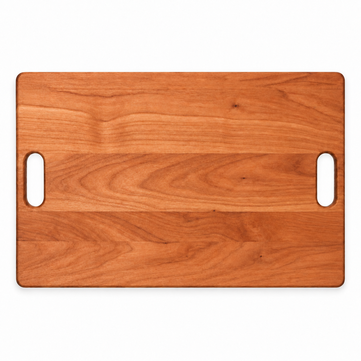 Classic cherry cutting board, 18 x 12 in, with cutout handles and no groove, overhead view on white