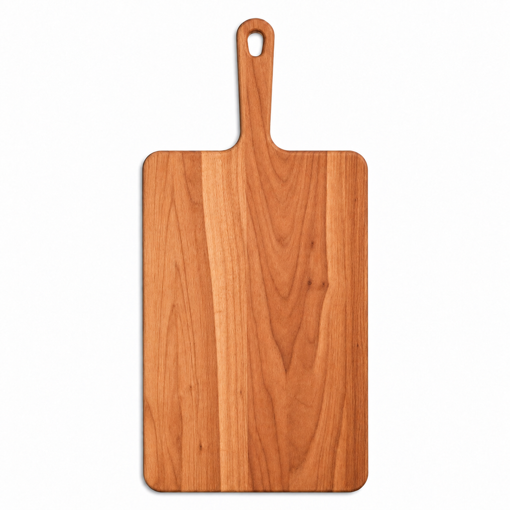 Wide cherry paddle serving board with a handle and hanging hole, 18 in, overhead view on white