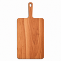 Wide cherry paddle serving board with a handle and hanging hole, 18 in, overhead view on white