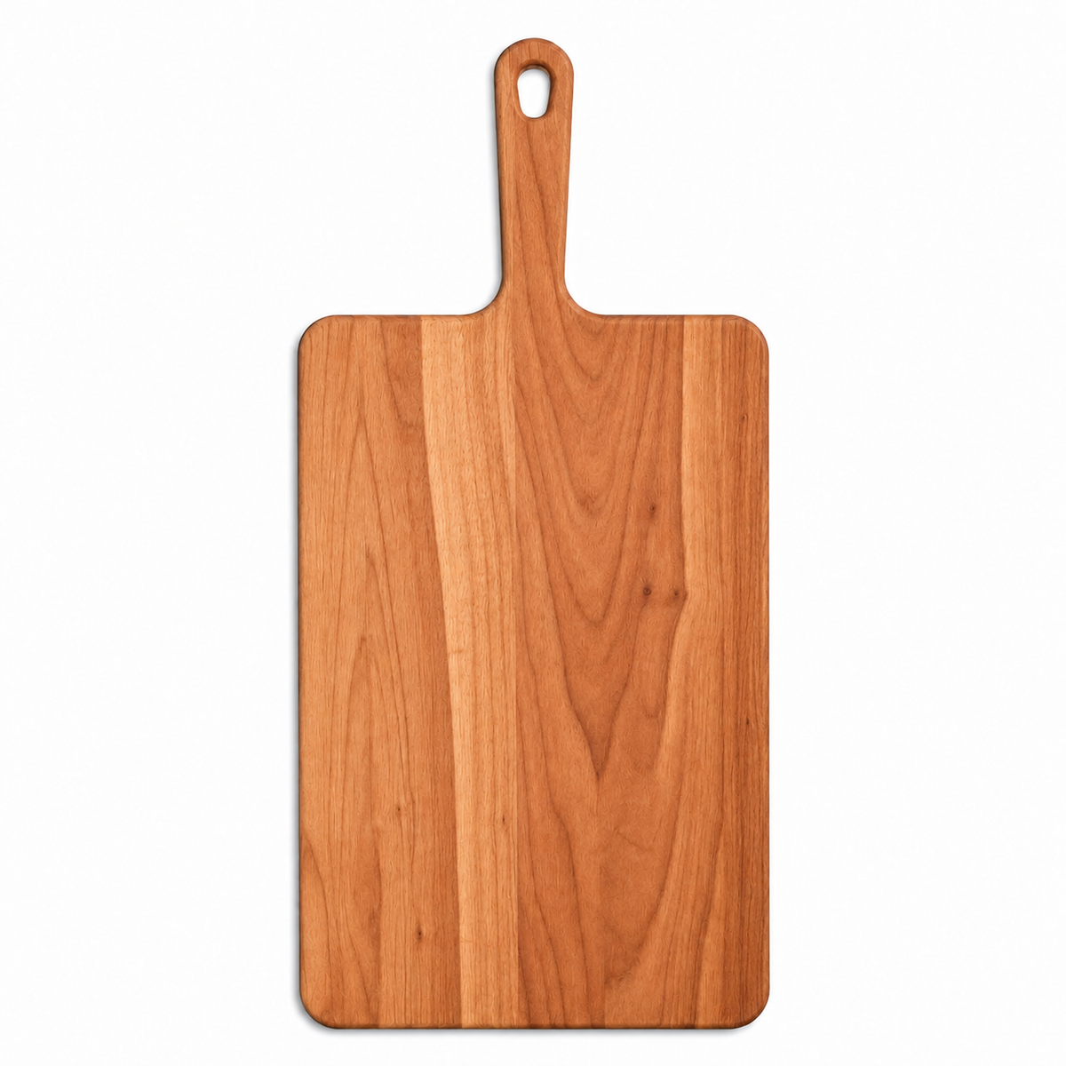 Wide cherry paddle serving board with a handle and hanging hole, 18 in, overhead view on white