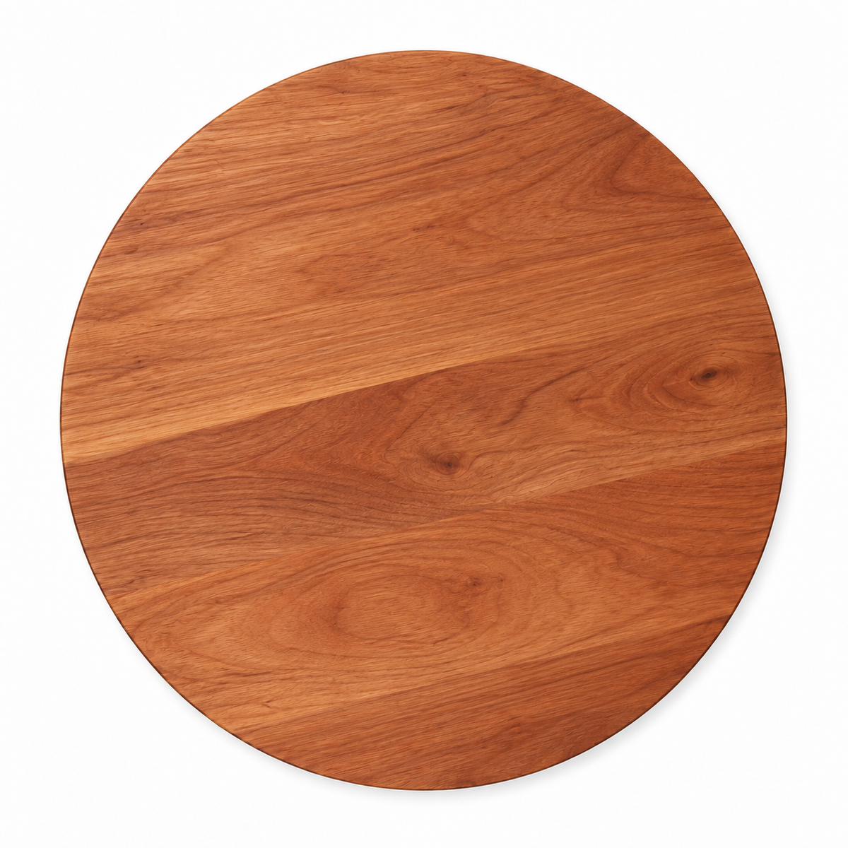 Round cherry cutting board, 15 in, plain top with no groove, overhead view on white