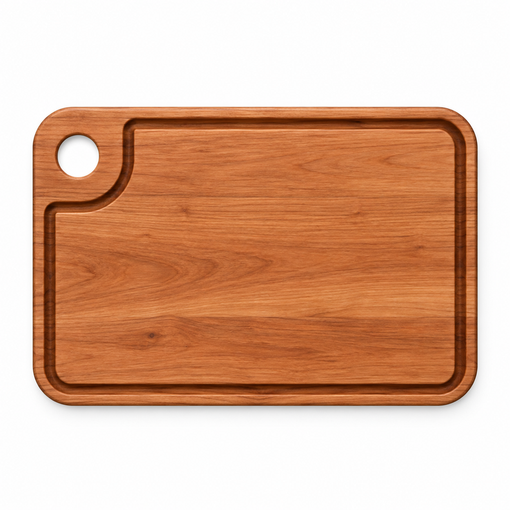 Cherry cutting board with a corner thumb hole and juice groove, 18 x 12 in, overhead view on white