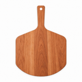 Cherry pizza peel with a tapered blade and hanging hole in the handle, 17 x 12 in, overhead view on white