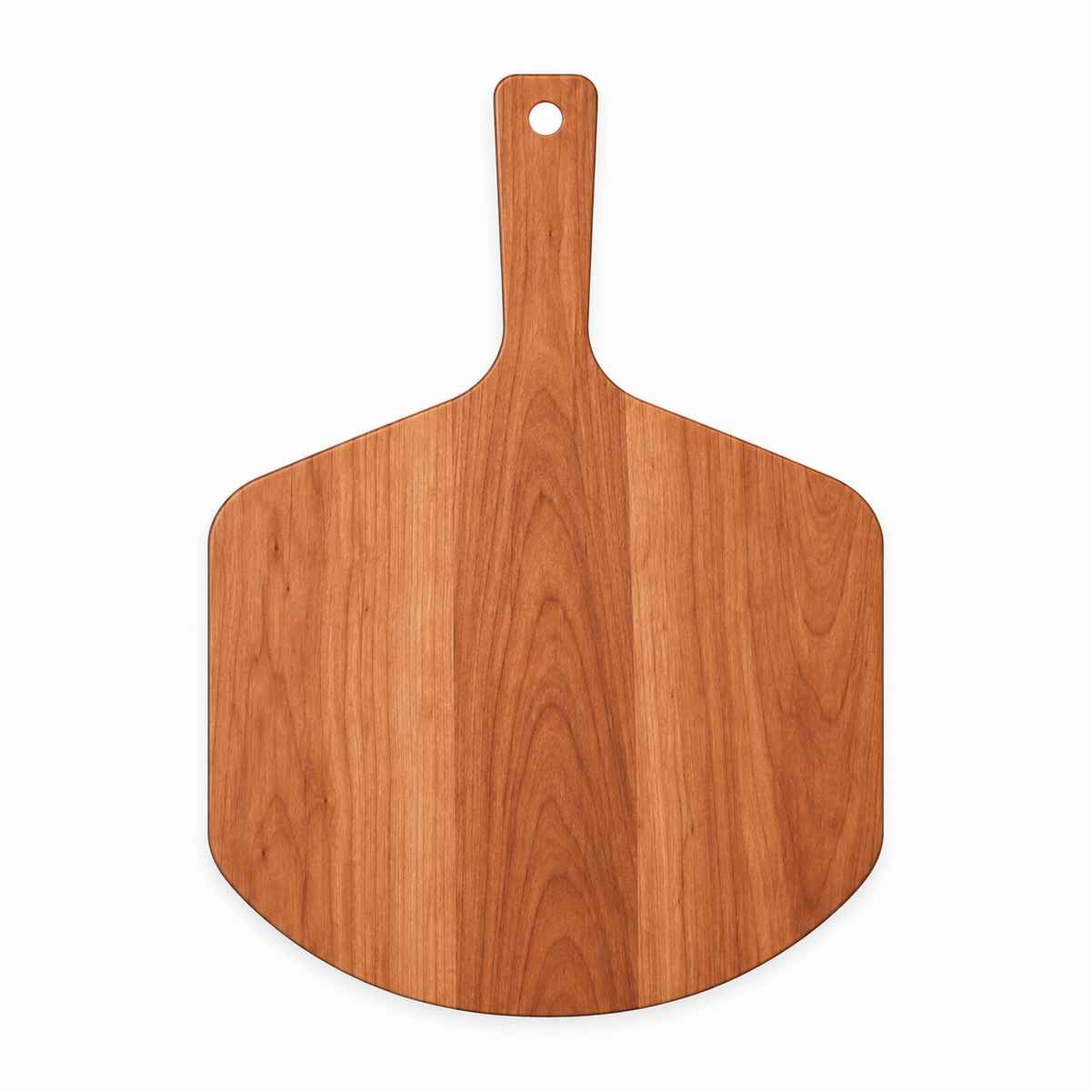 Cherry pizza peel with a tapered blade and hanging hole in the handle, 17 x 12 in, overhead view on white
