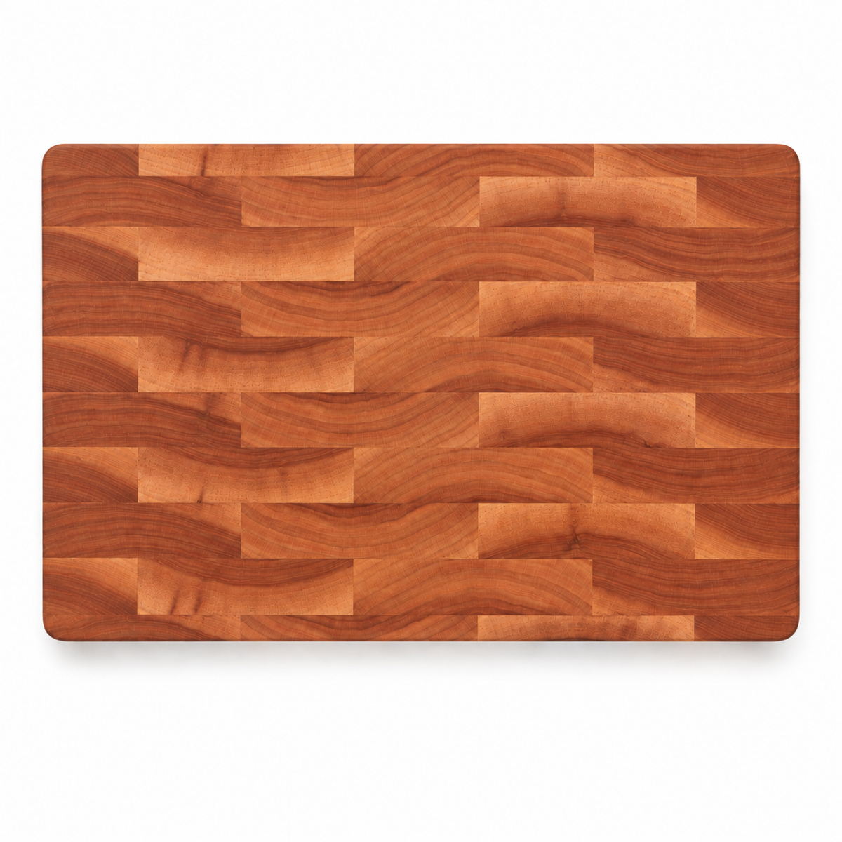 End grain cherry cutting board, 18 x 12 in, plain top with a brick pattern, overhead view on white