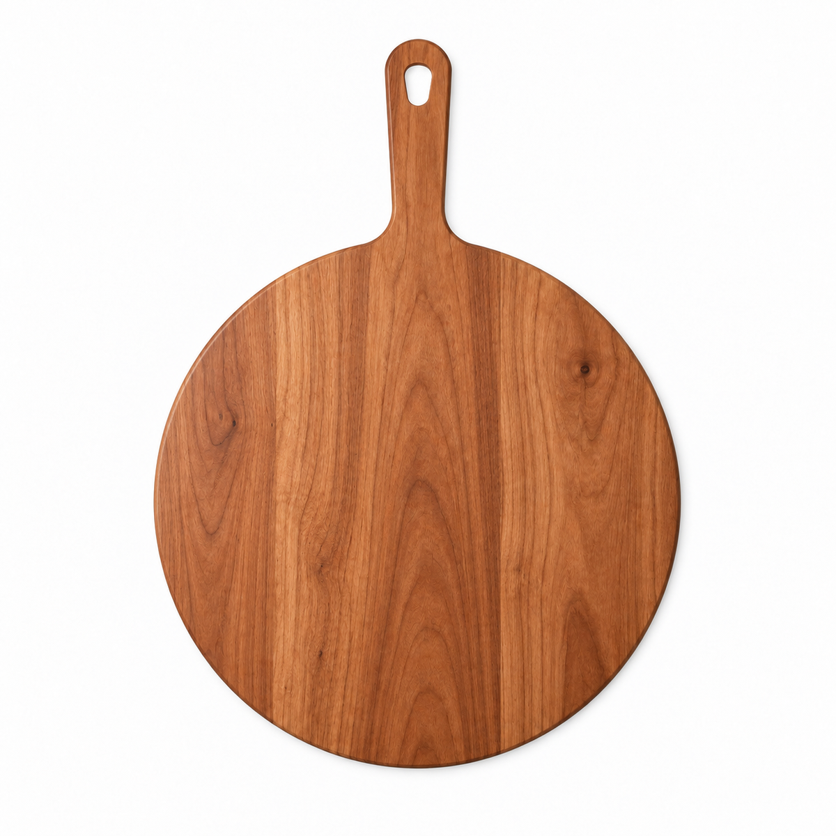 Round cherry pizza paddle with a handle and hanging hole, 12 in circle, overhead view on white
