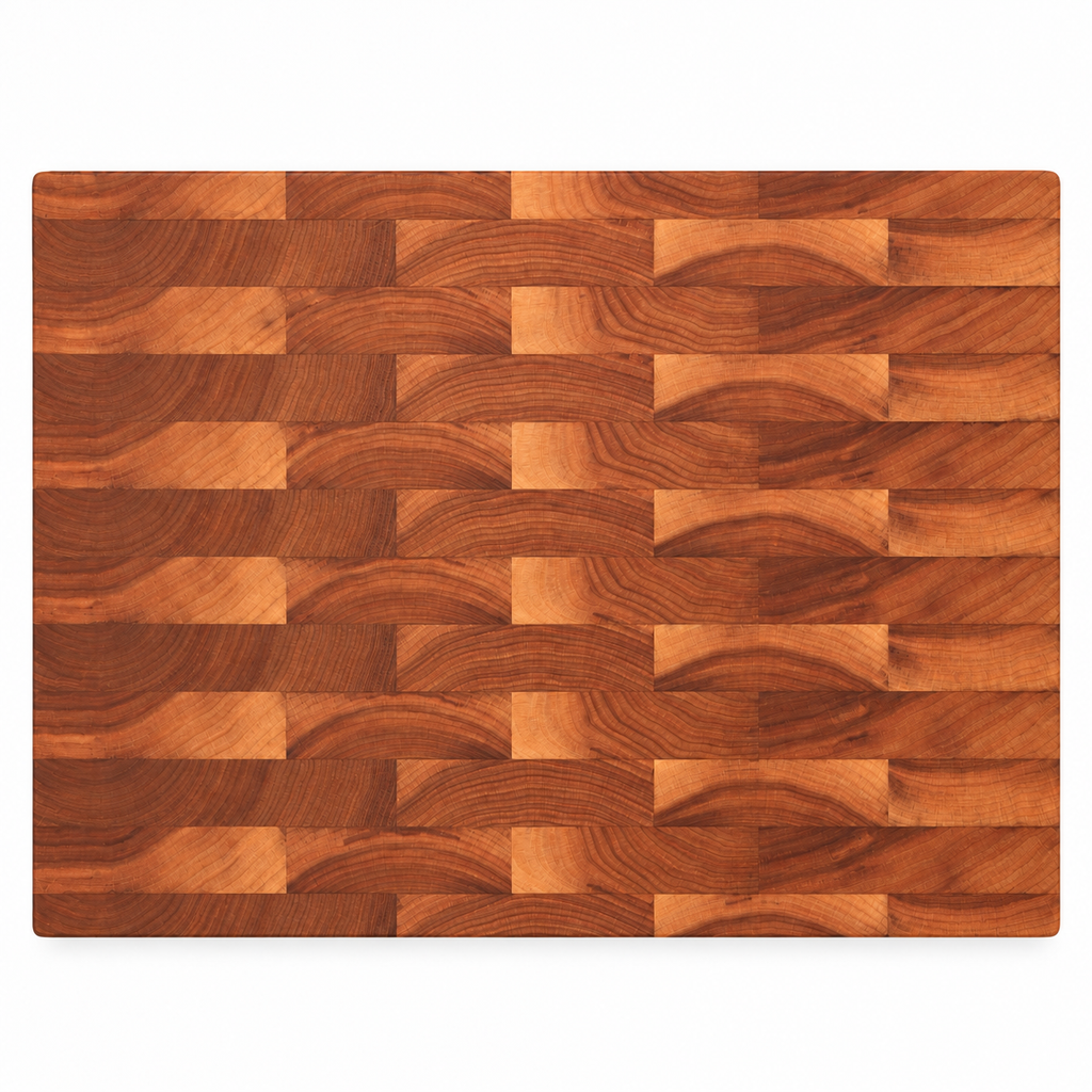 End grain cherry cutting board, 24 x 18 in, plain top with a brick pattern, overhead view on white