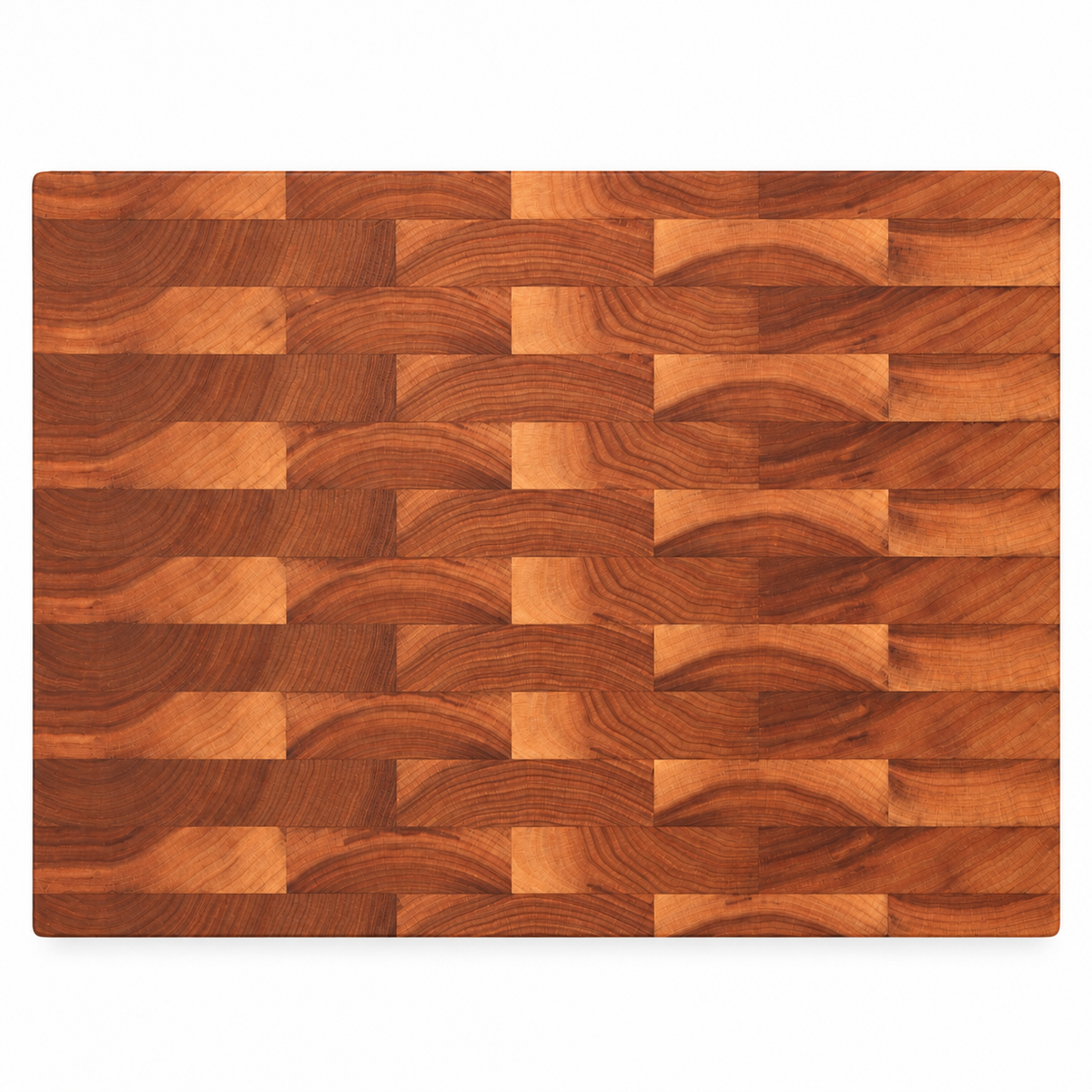 End grain cherry cutting board, 24 x 18 in, plain top with a brick pattern, overhead view on white