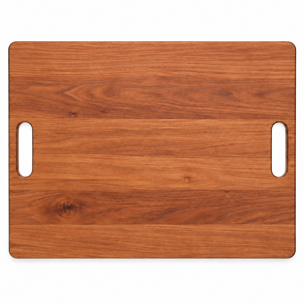 Extra large cherry cutting board, 24 x 18 in, with cutout handles and no groove, overhead view on white