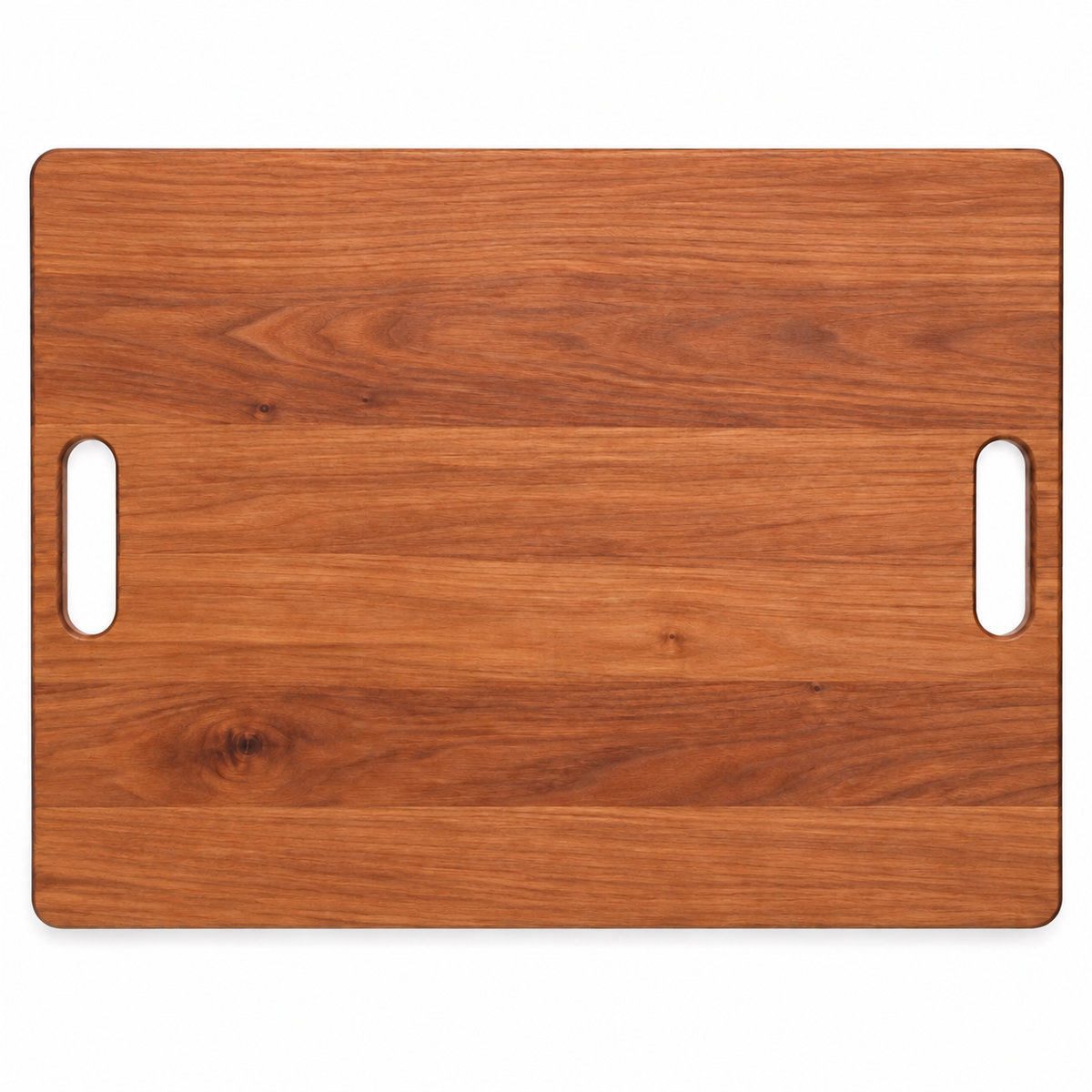 Extra large cherry cutting board, 24 x 18 in, with cutout handles and no groove, overhead view on white