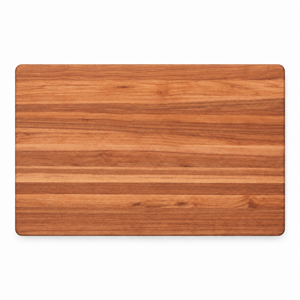 Edge grain cherry cutting board, 18 x 12 in, plain top with striped grain, overhead view on white