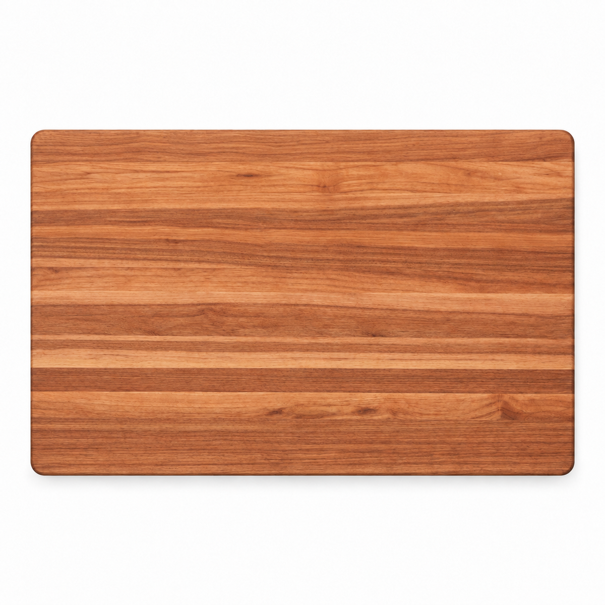 Edge grain cherry cutting board, 18 x 12 in, plain top with striped grain, overhead view on white