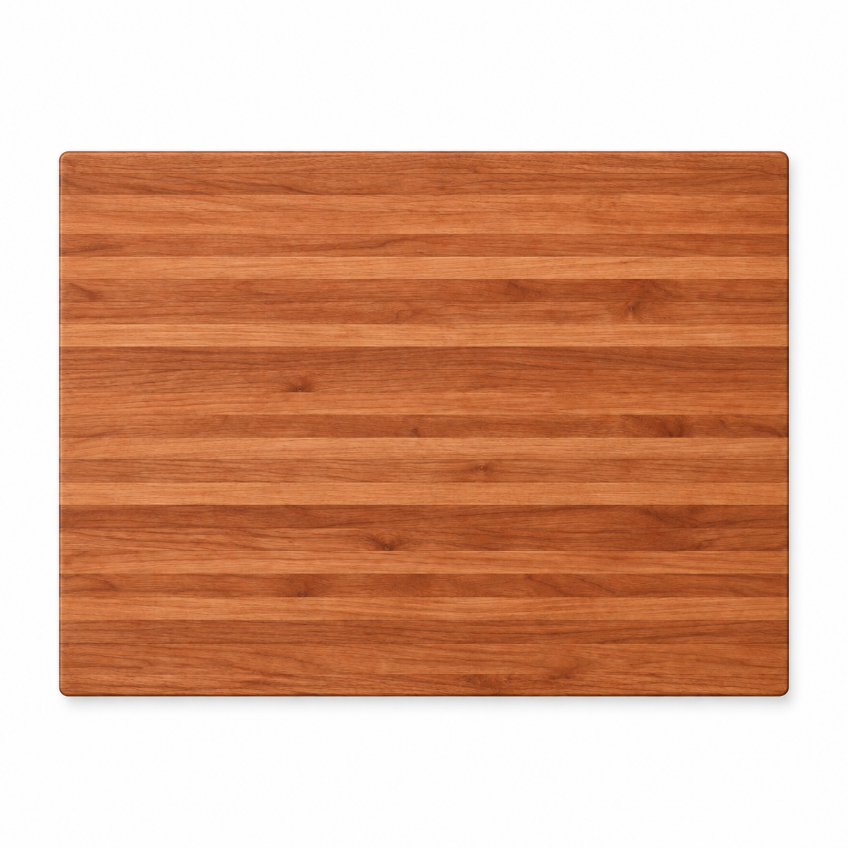 Edge grain cherry cutting board, 20 x 15 in, plain top with striped grain, overhead view on white