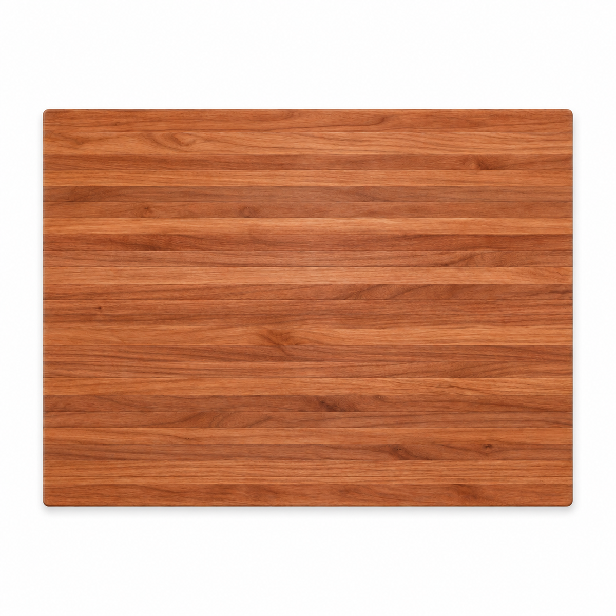 Edge grain cherry cutting board, 24 x 18 in, plain top with striped grain, overhead view on white