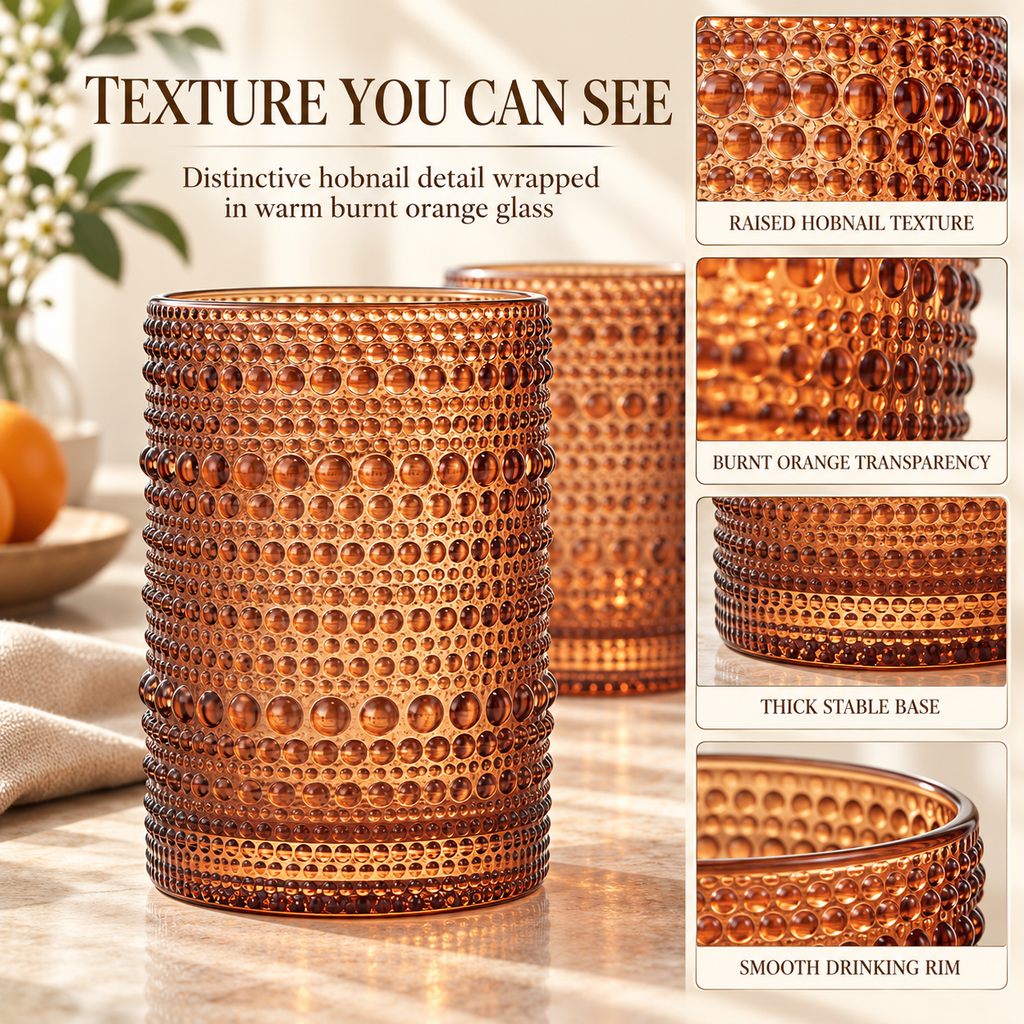 Muted Hobnail Lowball Glassware shown in warm window light on an adobe toned shelf at home