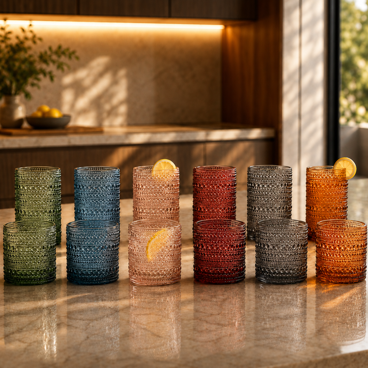 Muted Hobnail Highball and Lowball Glassware pictured from a higher angle showing shape and proportions