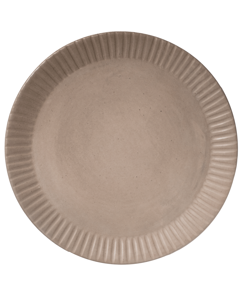 Single clay-toned ceramic dinner plate from above, showing the hand-carved lines around its wide rim