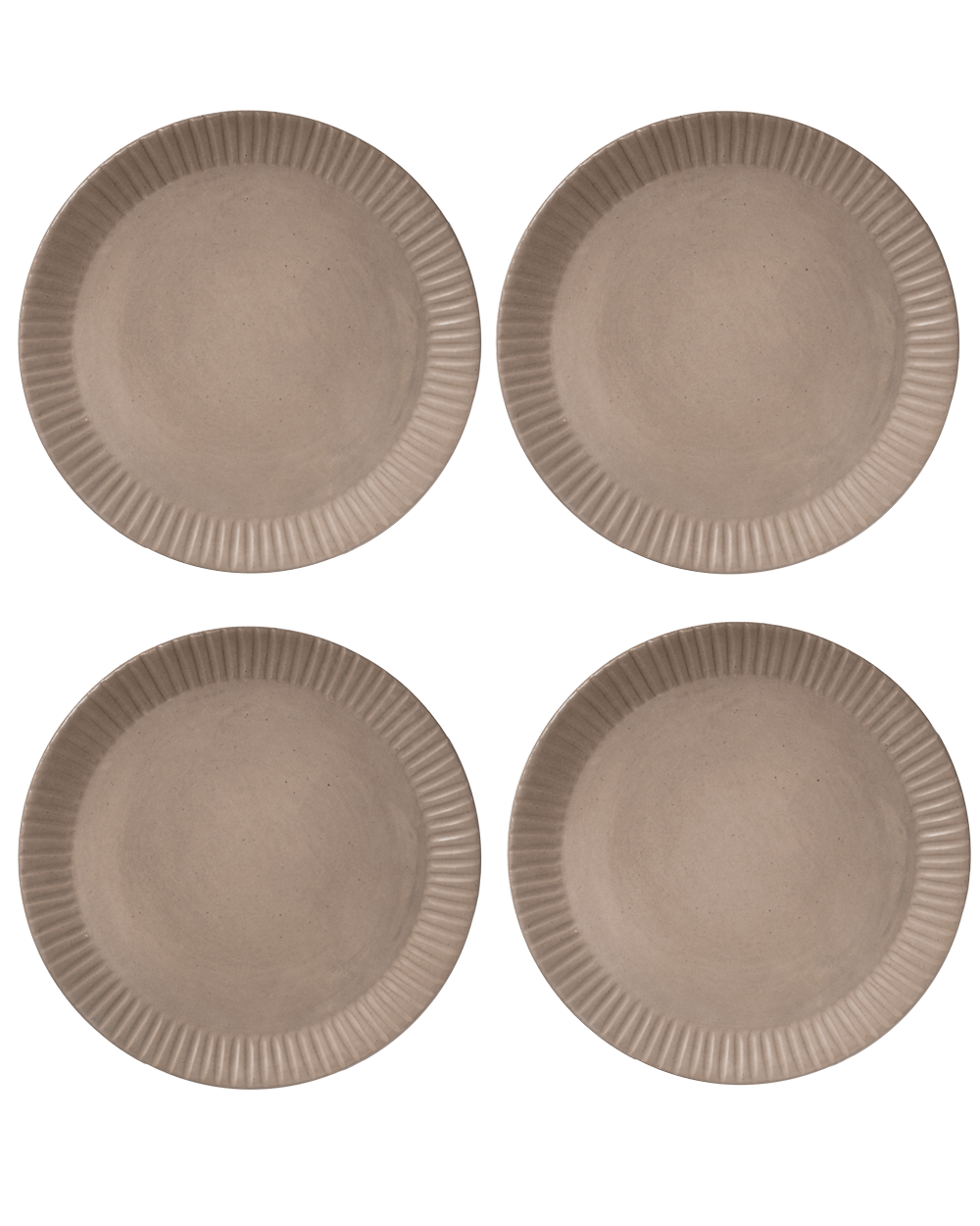Four clay-toned ceramic dinner plates with hand-carved line rims, shown from above on a deep green ground