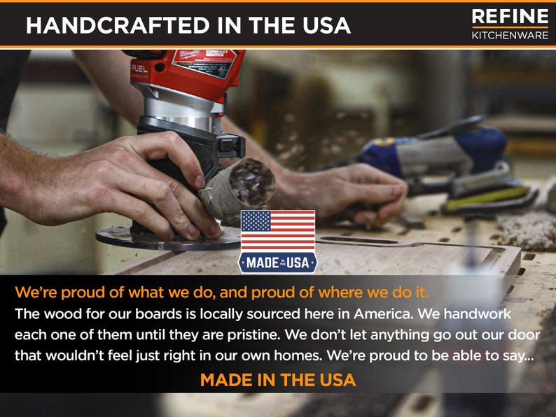 Woodworker routing a hardwood board edge in the US workshop, with a made in USA badge in the corner
